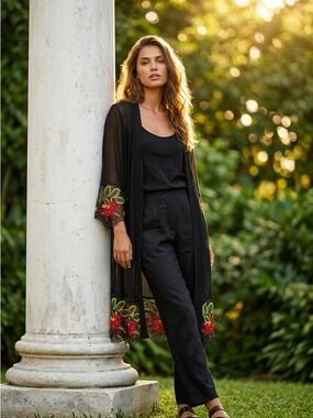 Black Sheer Embroidered Duster – Floral Open Front Layering Piece